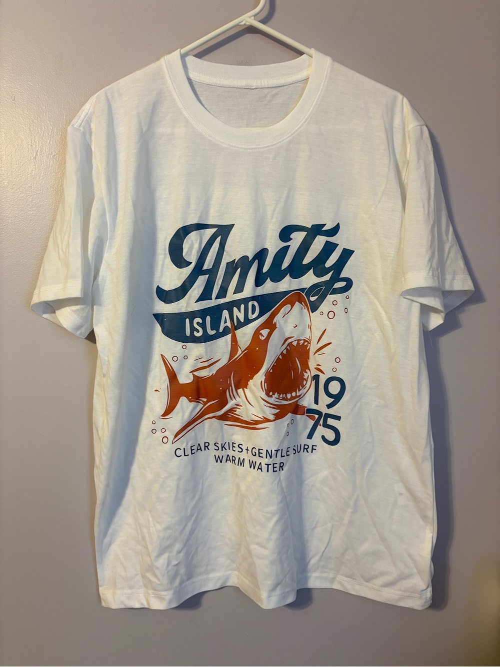 Jaws Shark Amity Island Warm Water Men’s Graphic White T-Shirt size L